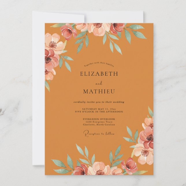 Invitación Boda con ranúnculo de coral y eucalipto ocre (Anverso)