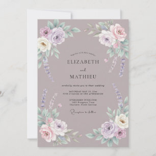 Invitación Boda con ranúnculo de eucalipto violeta polvorient