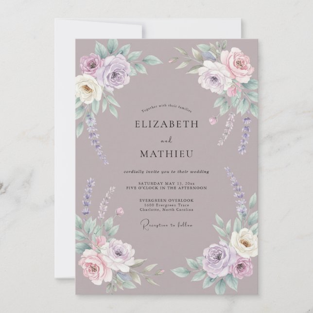 Invitación Boda con ranúnculo de eucalipto violeta polvorient (Anverso)