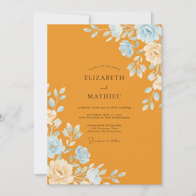 Invitación Boda con ranúnculo eucalipto azul ocre (Anverso)