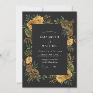 Invitación Boda con ranúnculos amarillos y eucalipto sobre fo