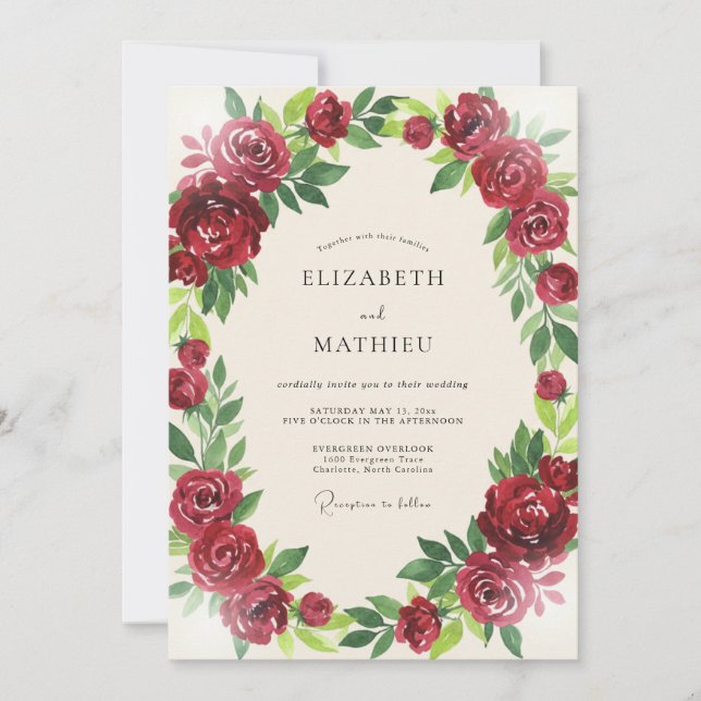 Invitación Boda con Ranúnculos Burdeos Frondosos (Anverso)