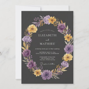 Invitación Boda con ranúnculos de eucalipto amatista y carbón