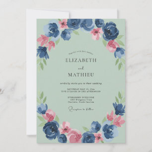 Invitación Boda con ranúnculos eucalipto Índigo Espuma de Mar