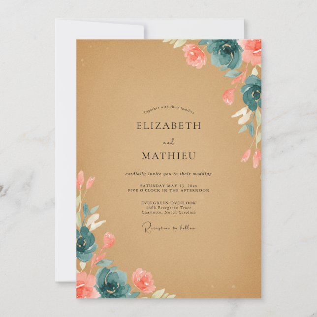Invitación Boda con ranúnculos eucalipto índigo ocra (Anverso)
