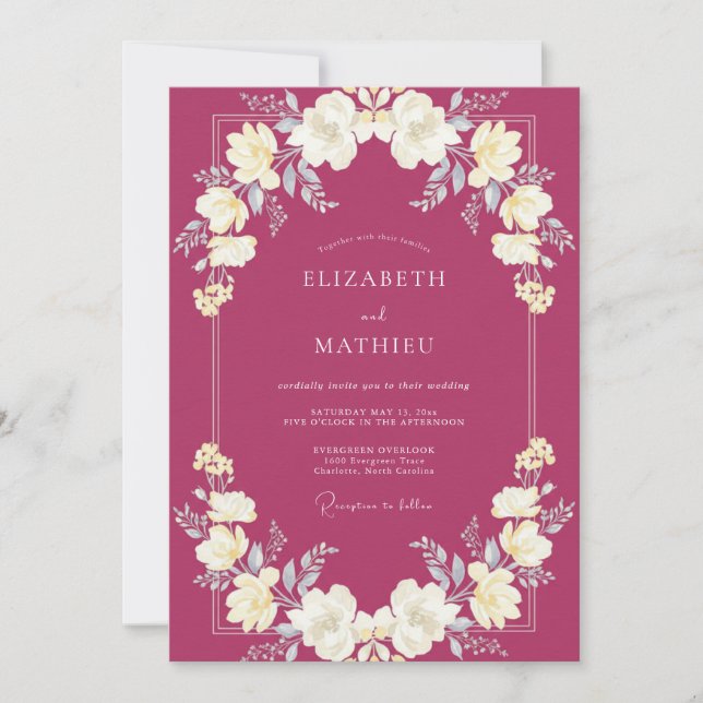 Invitación Boda con Ranúnculos Frondosos de Frambuesa (Anverso)