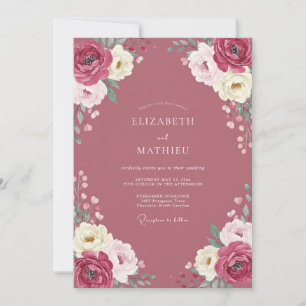 Invitación Boda con ranúnculos y eucalipto de vino polvorient