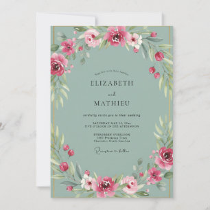 Invitación Boda con ranúnculos y eucalipto en aqua polvorient