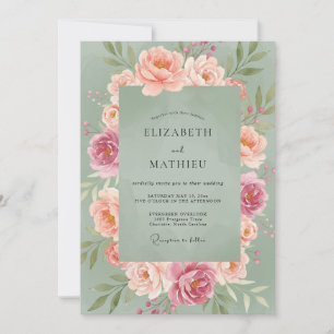 Invitación Boda con ranúnculos y eucalipto en azul turquesa p