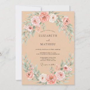 Invitación Boda con Ranunculus de Coral y Eucalipto con Champ