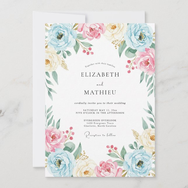 Invitación Boda con Ranunculus de Melocotón y Eucalipto al Ch (Anverso)