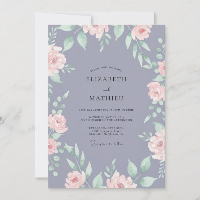 Invitación Boda con Ranunculus Eucalyptus y Periwinkle Polvor (Anverso)