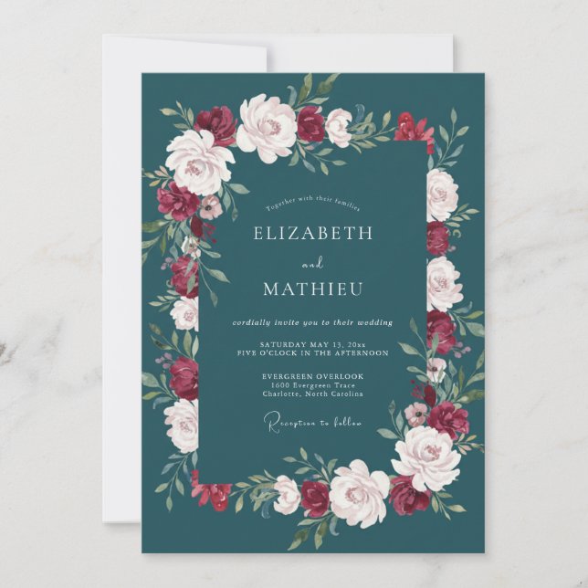 Invitación Boda con Ranunculus Eucalyptus y Petróleo Oscuro (Anverso)