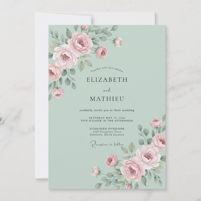 Invitación Boda con Ranunculus Gris Eucalipto Menta Pastel (Anverso)