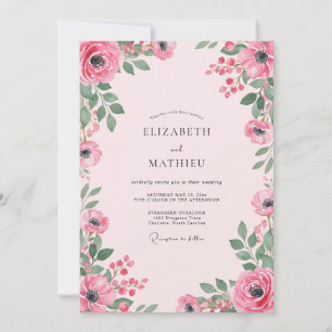 Invitación Boda con Ranunculus Magenta y Hojas