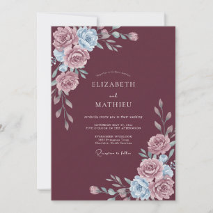Invitación Boda con Ranunculus Pintados de Color Granate