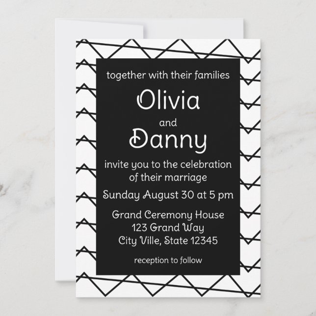 Invitación Boda con raya Chevron en negro y blanco (Anverso)