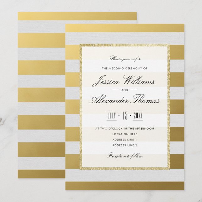Invitación Boda con rayas doradas y blancas con estilo (Anverso / Reverso)