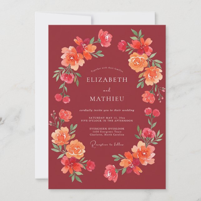 Invitación Boda con remolino floral borgoña (Anverso)
