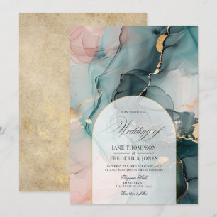 Invitación Boda con remolinos de tinta rosa y azul y lámina d