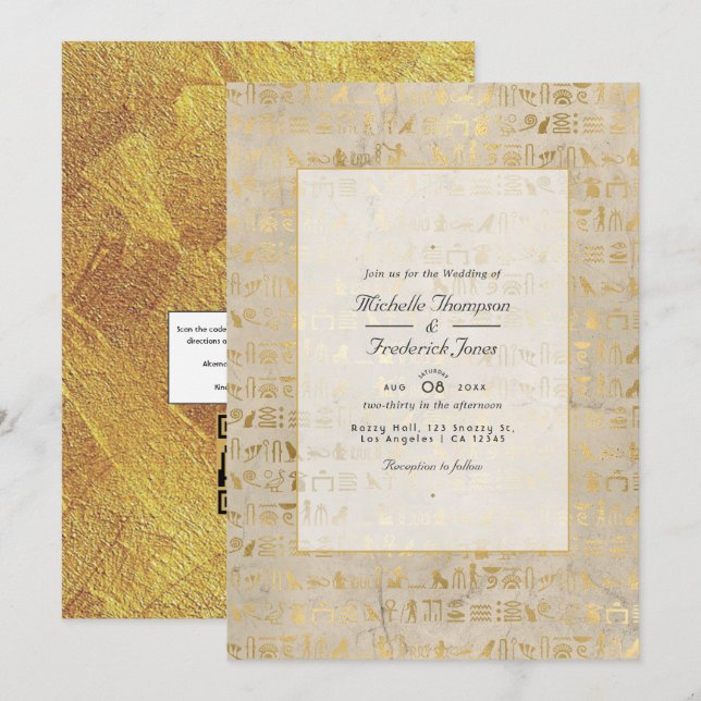 Invitación Boda con respuesta QR temática egipcia (Anverso / Reverso)