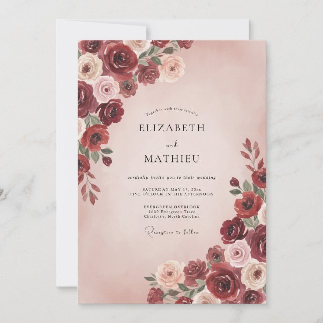 Invitación Boda con Rosa de Borgona Rosada (Anverso)