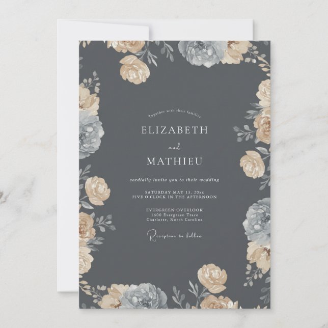 Invitación Boda con Rosa de Champán Carbón (Anverso)