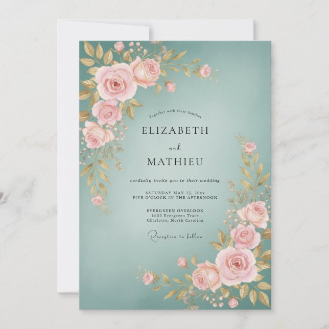 Invitación Boda con Rosa de Tinte Azul Polvoriento (Anverso)