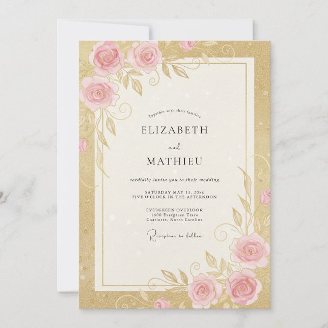 Invitación Boda con Rosa Dorada y Rosa (Anverso)