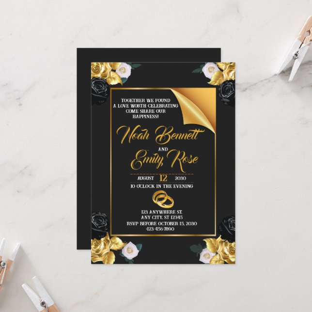 Invitación Boda con rosas y anillos de oro (Anverso/Reverso In Situ)