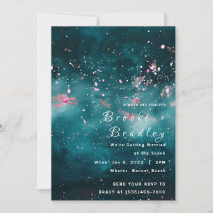 Invitación Boda con salpicaduras cósmicas de color azul verdo