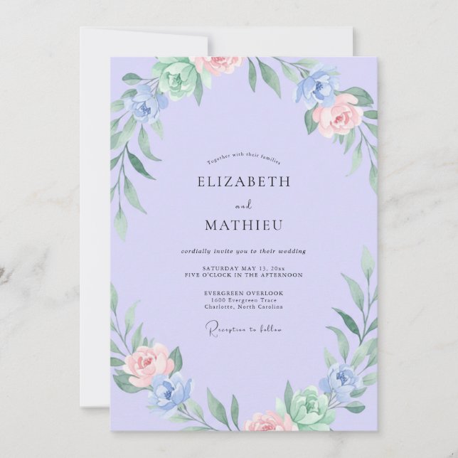 Invitación Boda con Salvia de Follaje de Melocotón Periwinkle (Anverso)