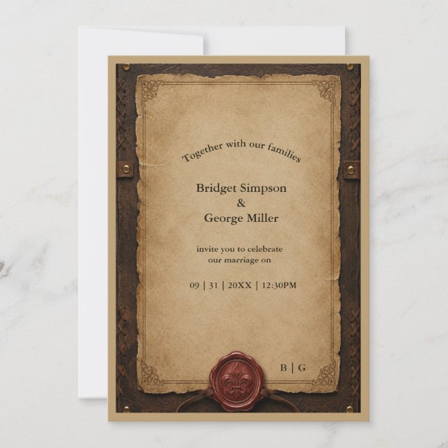 Invitación Boda con Sello de Cera de Cuero Rústico Medieval (Anverso)