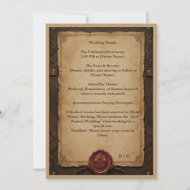 Invitación Boda con sello de cera de cuero rústico medieval (Anverso)