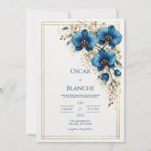 Invitación Boda con Sol Celestial y Follaje Azul Marino Oscur