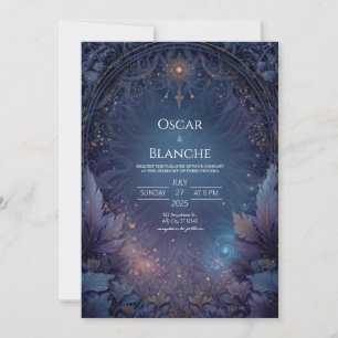 Invitación Boda con Sol Celestial y Follaje de Azul Marino Os
