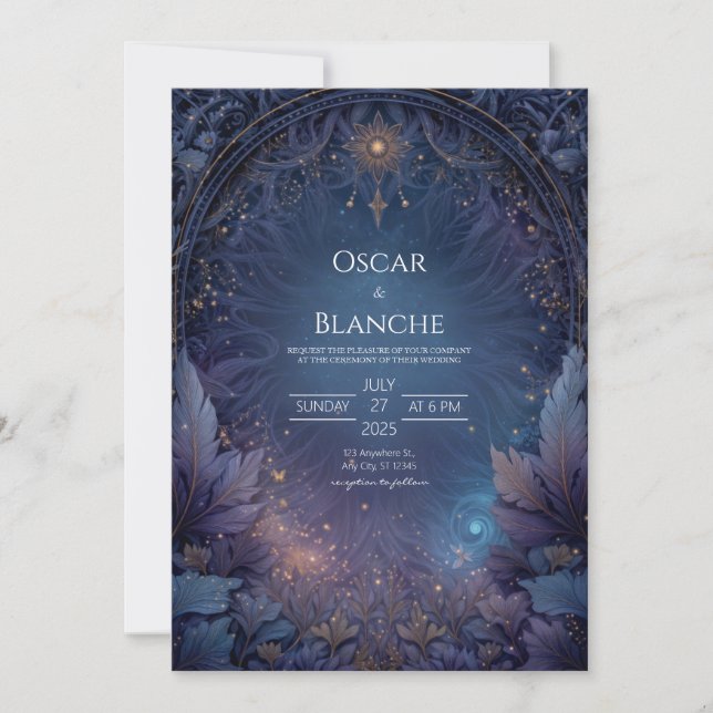 Invitación Boda con Sol Celestial y Follaje de Azul Marino Os (Anverso)