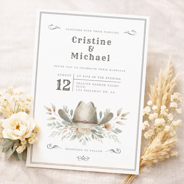 Invitación Boda con sombrero de vaquero rústico (Cowboy hat, western wedding invitation in watercolors. Vintage style.)