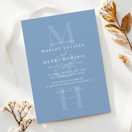 Invitación Boda con Superposición de Monograma Moderno en Azu