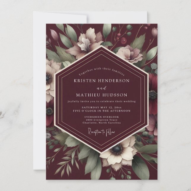 Invitación Boda con Tapiz Floral Borgoña (Anverso)