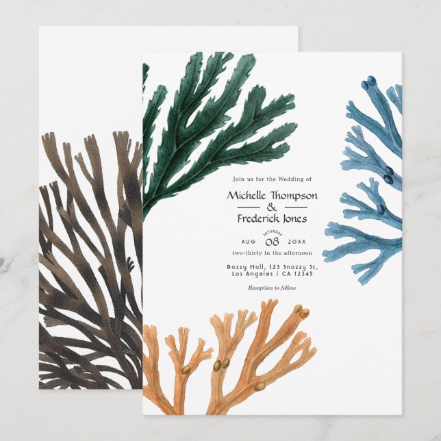 Invitación Boda con tema de algas marinas en acuarela (Anverso / Reverso)