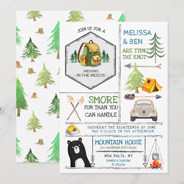 Invitación Boda con tema de camping - Insignias e iconos (Anverso / Reverso)
