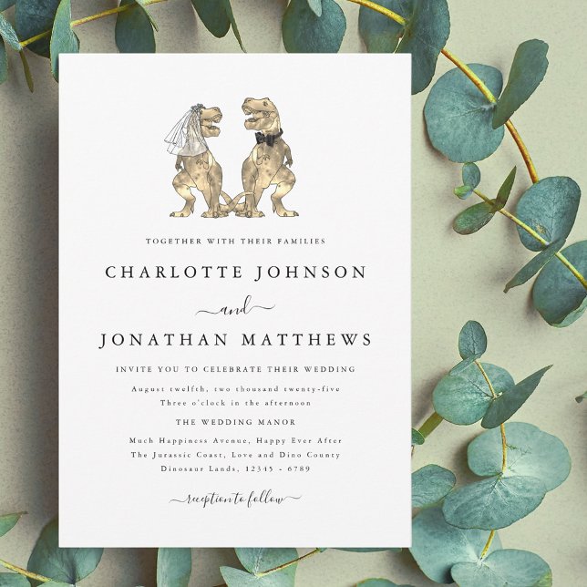 Invitación Boda con tema de dinosaurios (dinosaur theme wedding black and white invitation elegant modern T-Rex dino bride and groom)