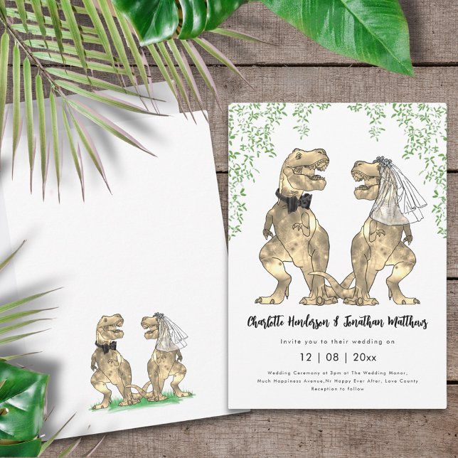 Invitación Boda con tema de dinosaurios (Dinosaur themed wedding invitation with funny T-Rex bride and groom and jungle foliage)