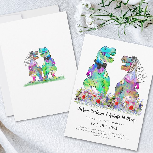 Invitación Boda con tema de dinosaurios (T-Rex bride and groom colorful wildflower meadow fun dinosaur wedding invitation )