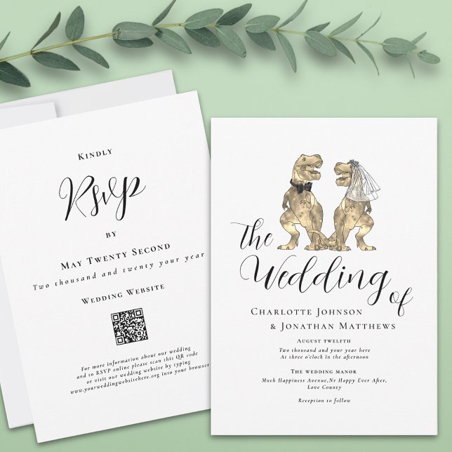 Invitación Boda con tema de dinosaurios (T-Rex bride and groom funny dinosaur wedding website qr code invitation Modern elegant script)