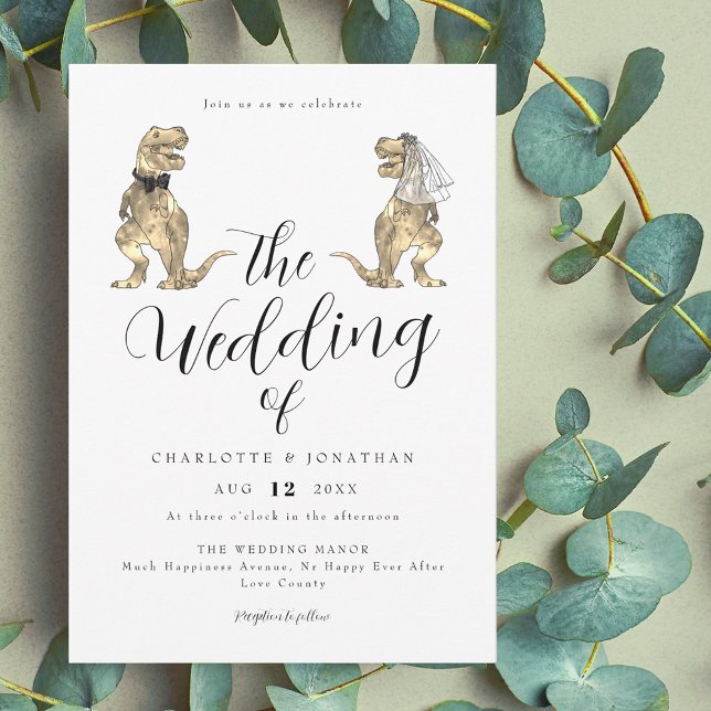 Invitación Boda con tema de dinosaurios (Dinosaur theme wedding elegant modern script invitation funny T-Rex dino bride and groom)