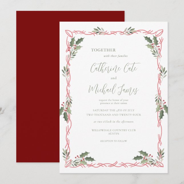 Invitación Boda con tema de Navidad de bayas de acebo (Anverso / Reverso)