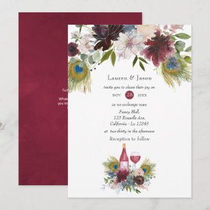 Invitación Boda con tema de vino Burgundy y Navy Peacock