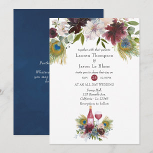Invitación Boda con tema de vino de pavo real borgoña y azul 